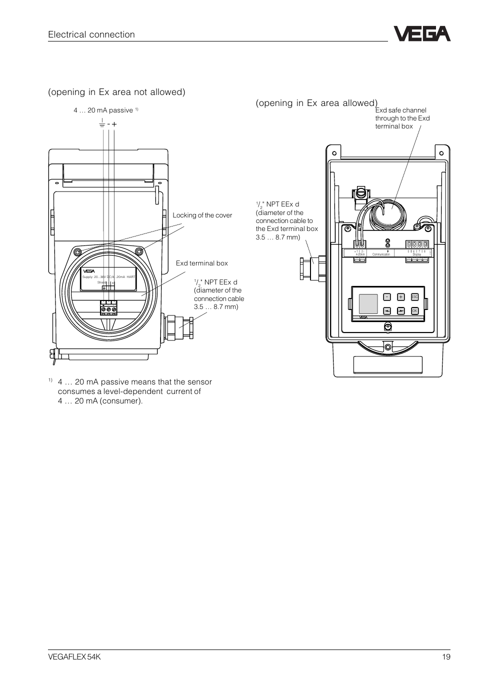 Electrical connection, Vegaflex 54k 19 | VEGA VEGAFLEX 54K User Manual | Page 19 / 36