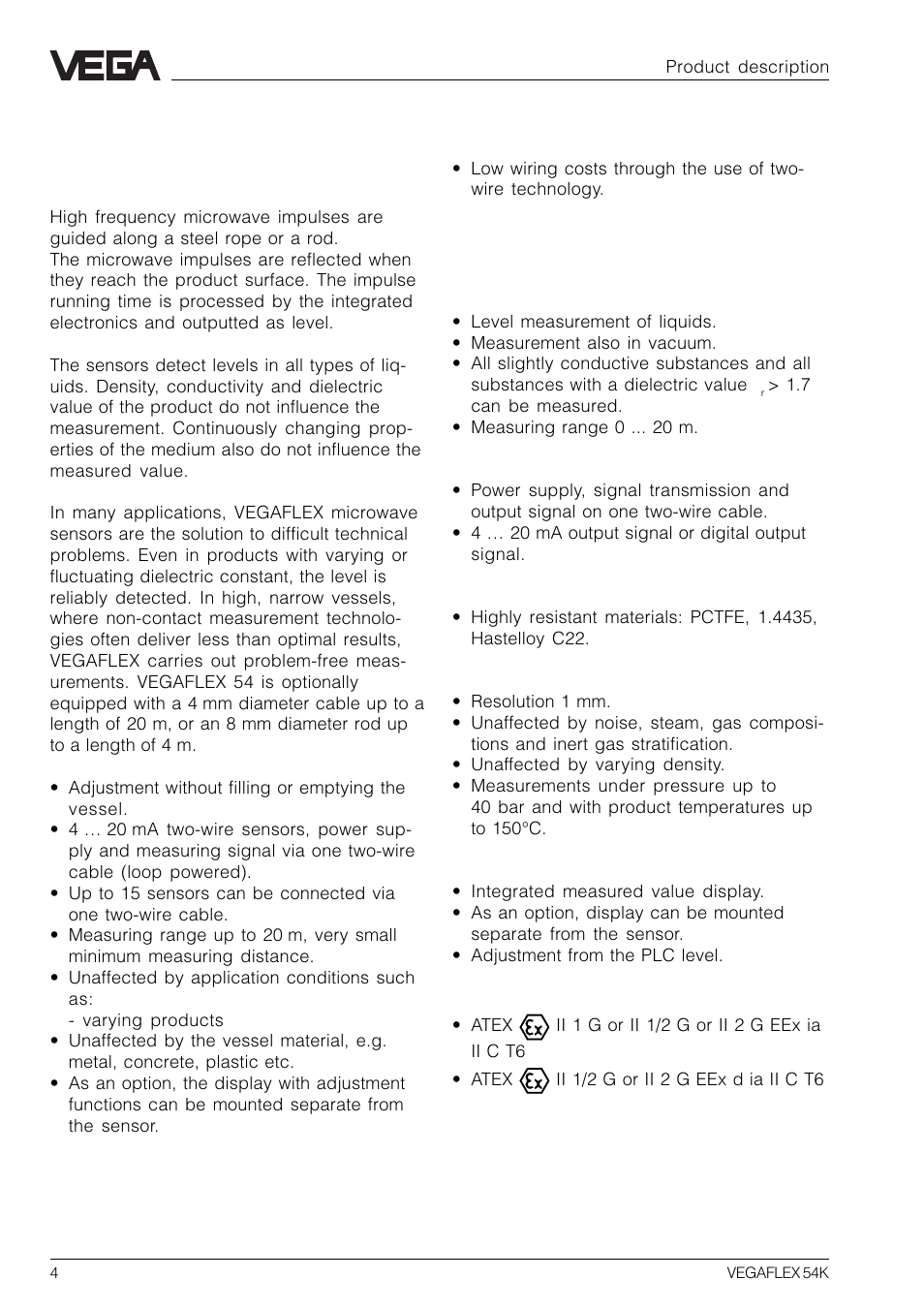1 product description, 1 function, 2 application features | VEGA VEGAFLEX 54K User Manual | Page 4 / 36