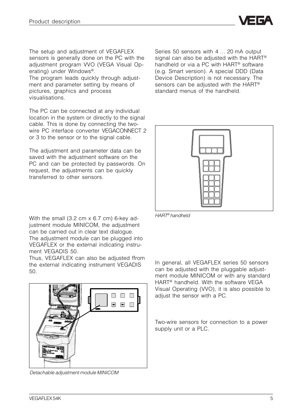 3 types and versions, Adjustment with hart, Handheld | Adjustment with pc, Adjustment with adjustment module minicom, Vegaflex series 50 k | VEGA VEGAFLEX 54K User Manual | Page 5 / 36