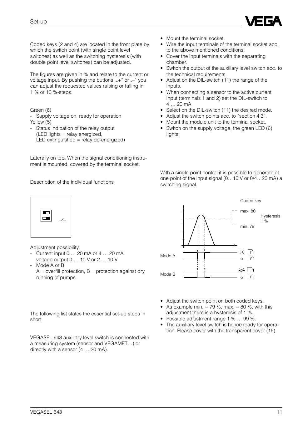 2 set-up sequence, 3 switch point adjustment, Set-up | Single point control | VEGA VEGASEL 643 User Manual | Page 11 / 16