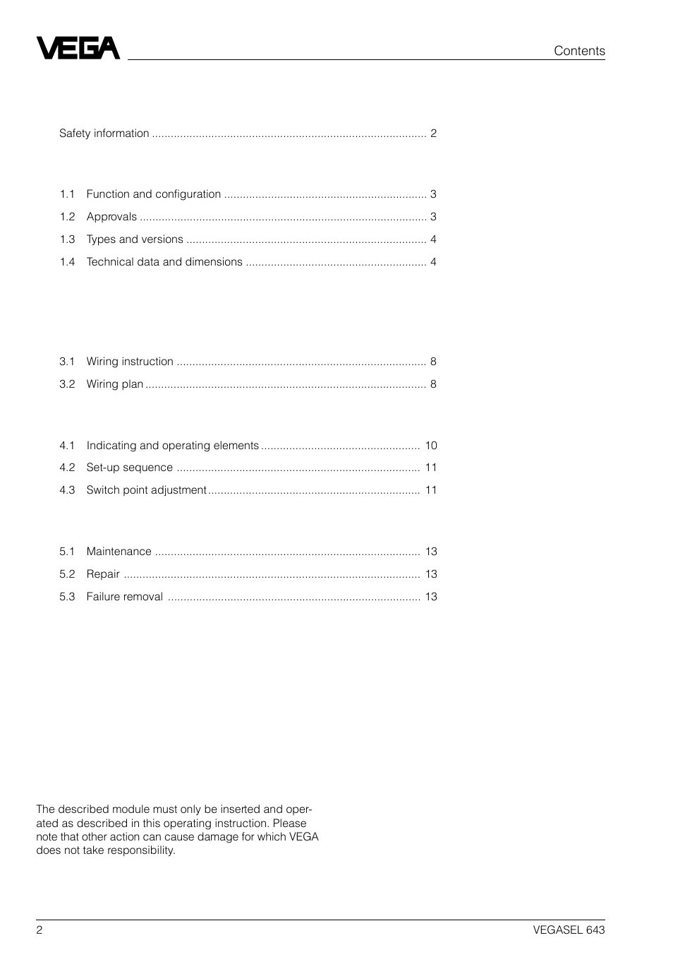 VEGA VEGASEL 643 User Manual | Page 2 / 16