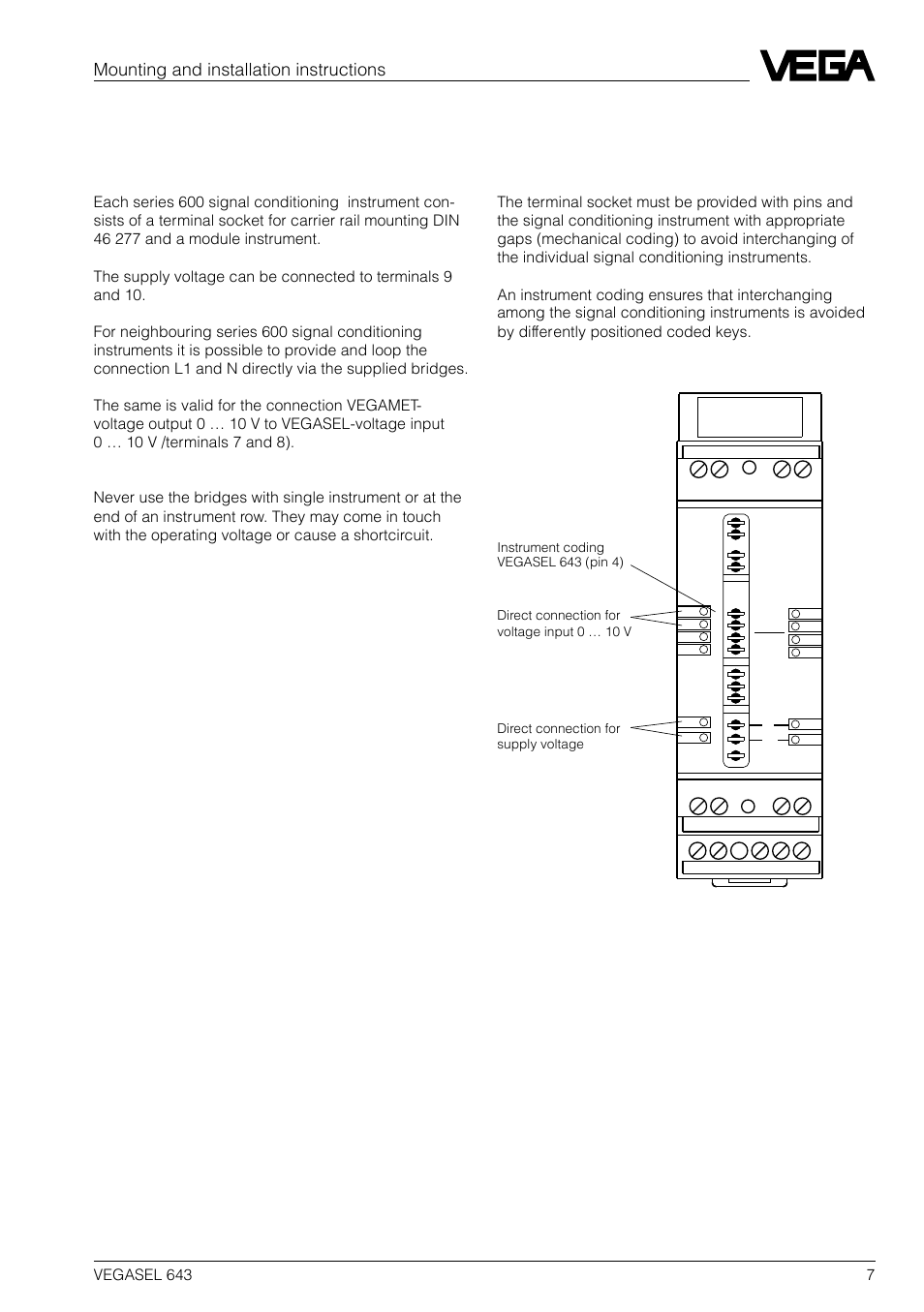 2 mounting and installation instructions, Mounting, Coding | Mounting and installation instructions | VEGA VEGASEL 643 User Manual | Page 7 / 16