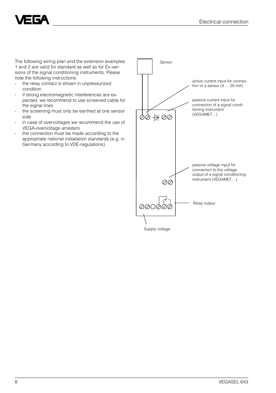 3 electrical connection, 1 wiring instruction, 2 wiring plan | Electrical connection | VEGA VEGASEL 643 User Manual | Page 8 / 16