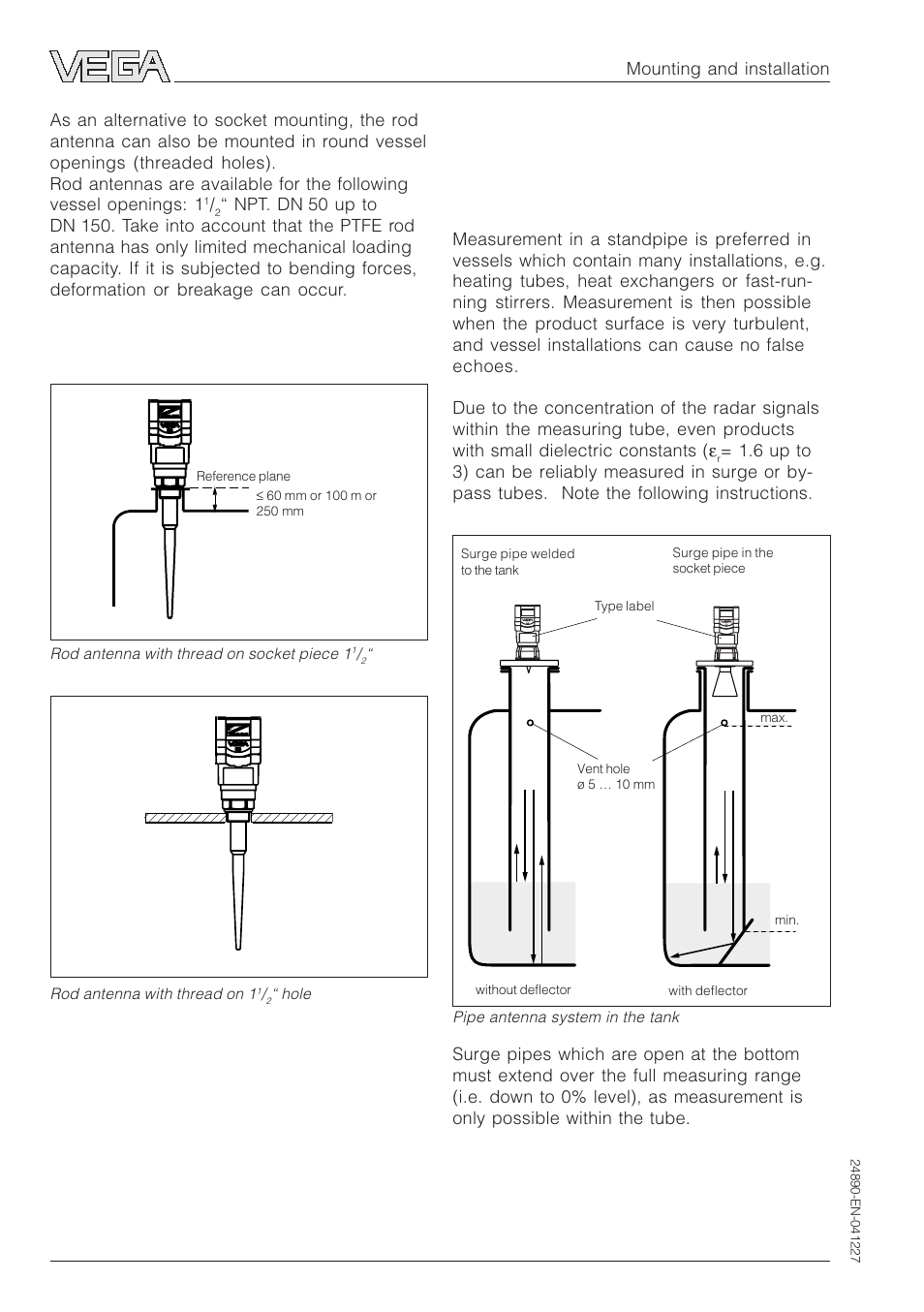 3 measurement in standpipe (surge or bypass tube), General instructions | VEGA VEGAPULS 51K…54K Profibus PA User Manual | Page 16 / 60