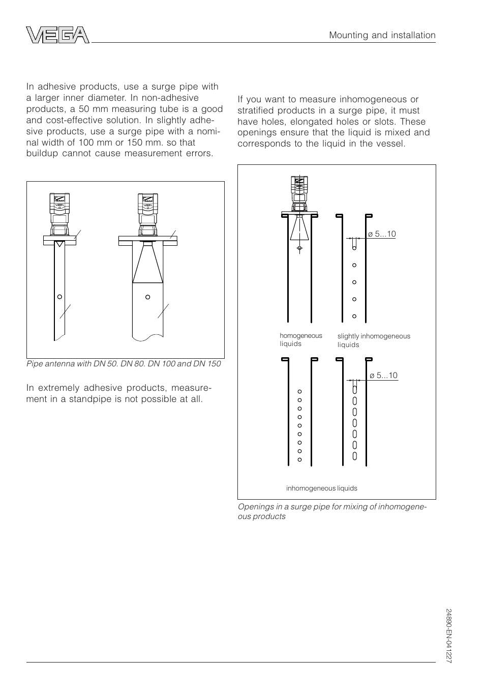 Standpipe measurement of inhomoge- neous products, Adhesive products | VEGA VEGAPULS 51K…54K Profibus PA User Manual | Page 20 / 60