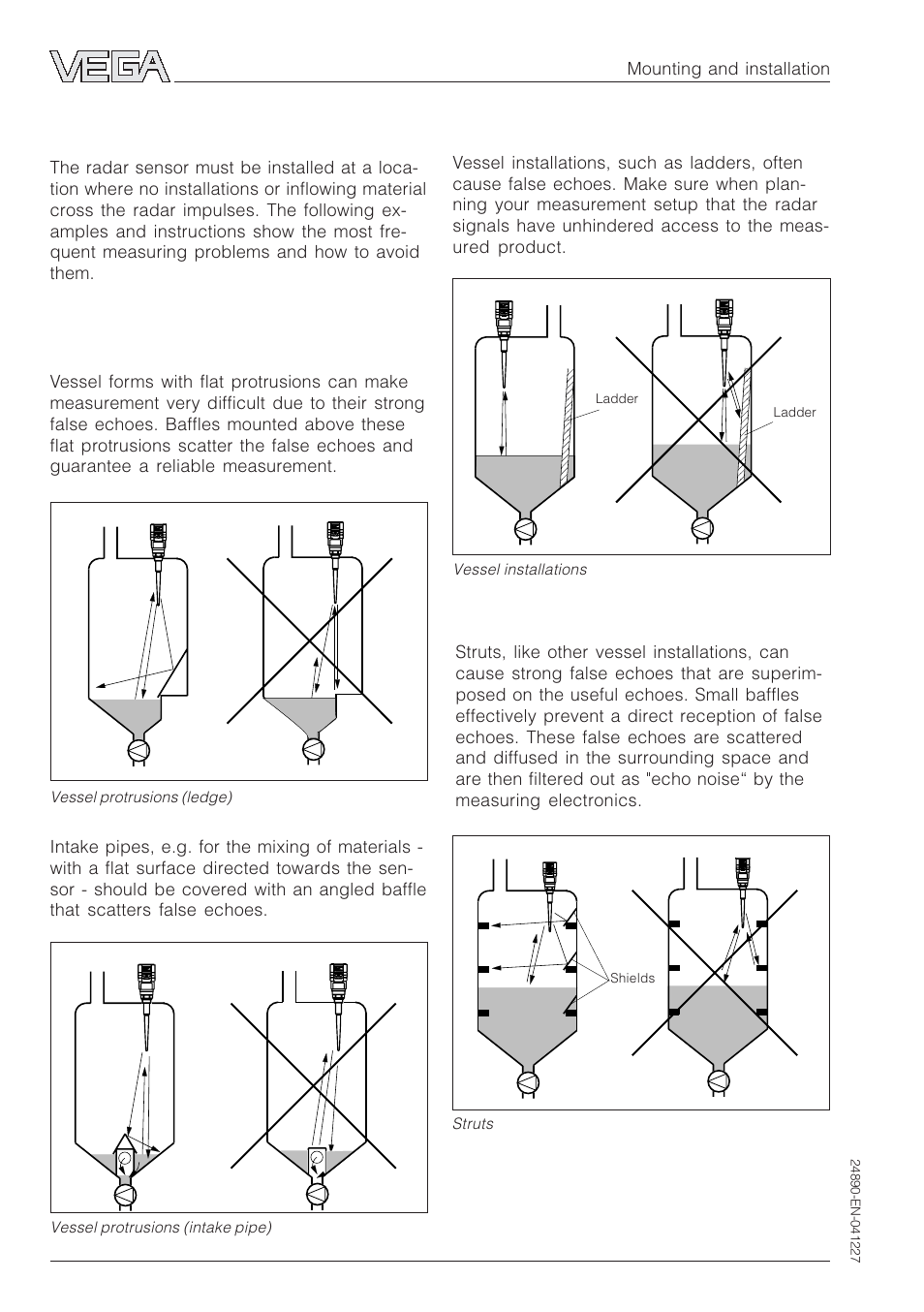 4 false echoes, Vessel protrusions, Struts | VEGA VEGAPULS 51K…54K Profibus PA User Manual | Page 24 / 60