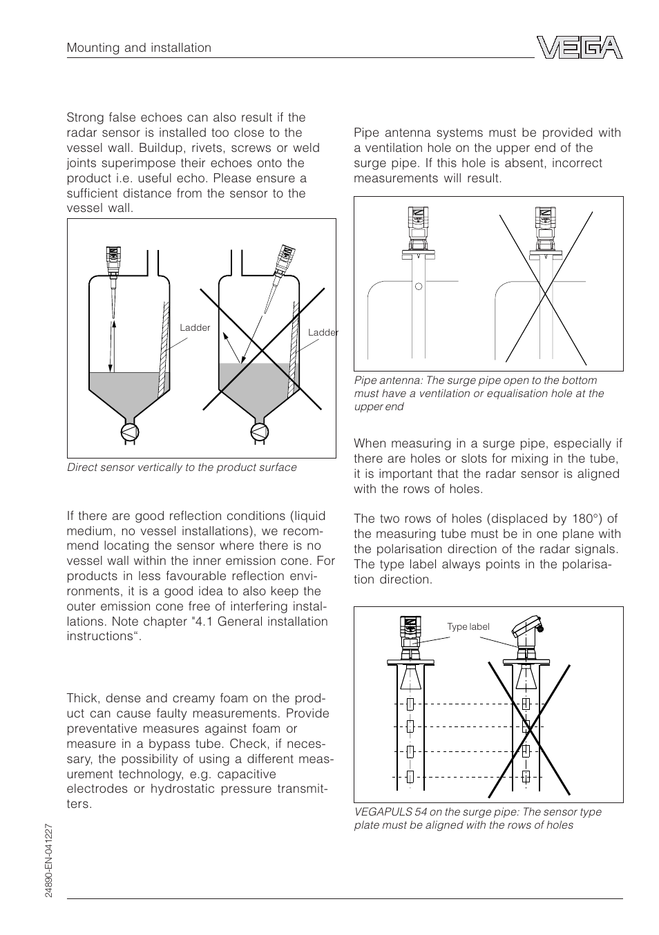Sensor too close to the vessel wall, Standpipe installation mistakes, Foam generation | VEGA VEGAPULS 51K…54K Profibus PA User Manual | Page 27 / 60