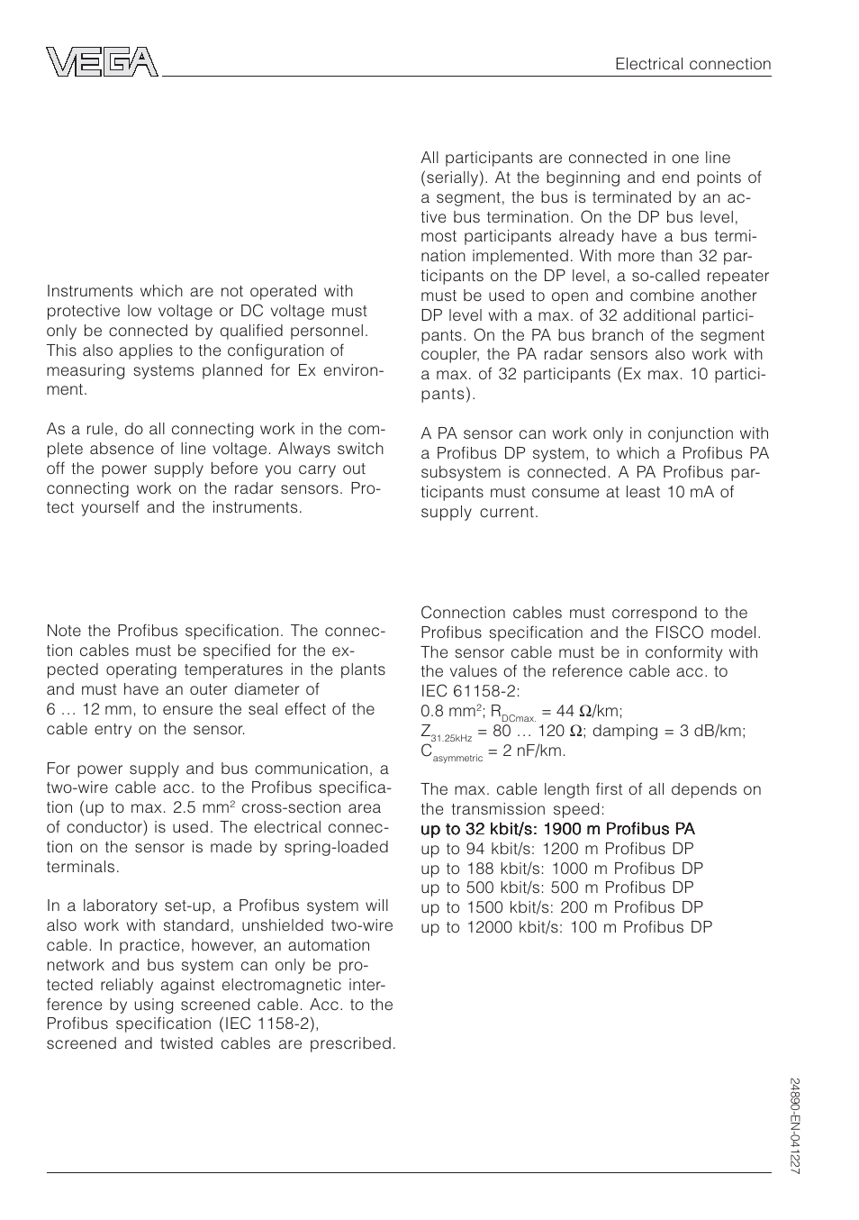 4 electrical connection, 1 connection – connection cable – screening | VEGA VEGAPULS 51K…54K Profibus PA User Manual | Page 28 / 60