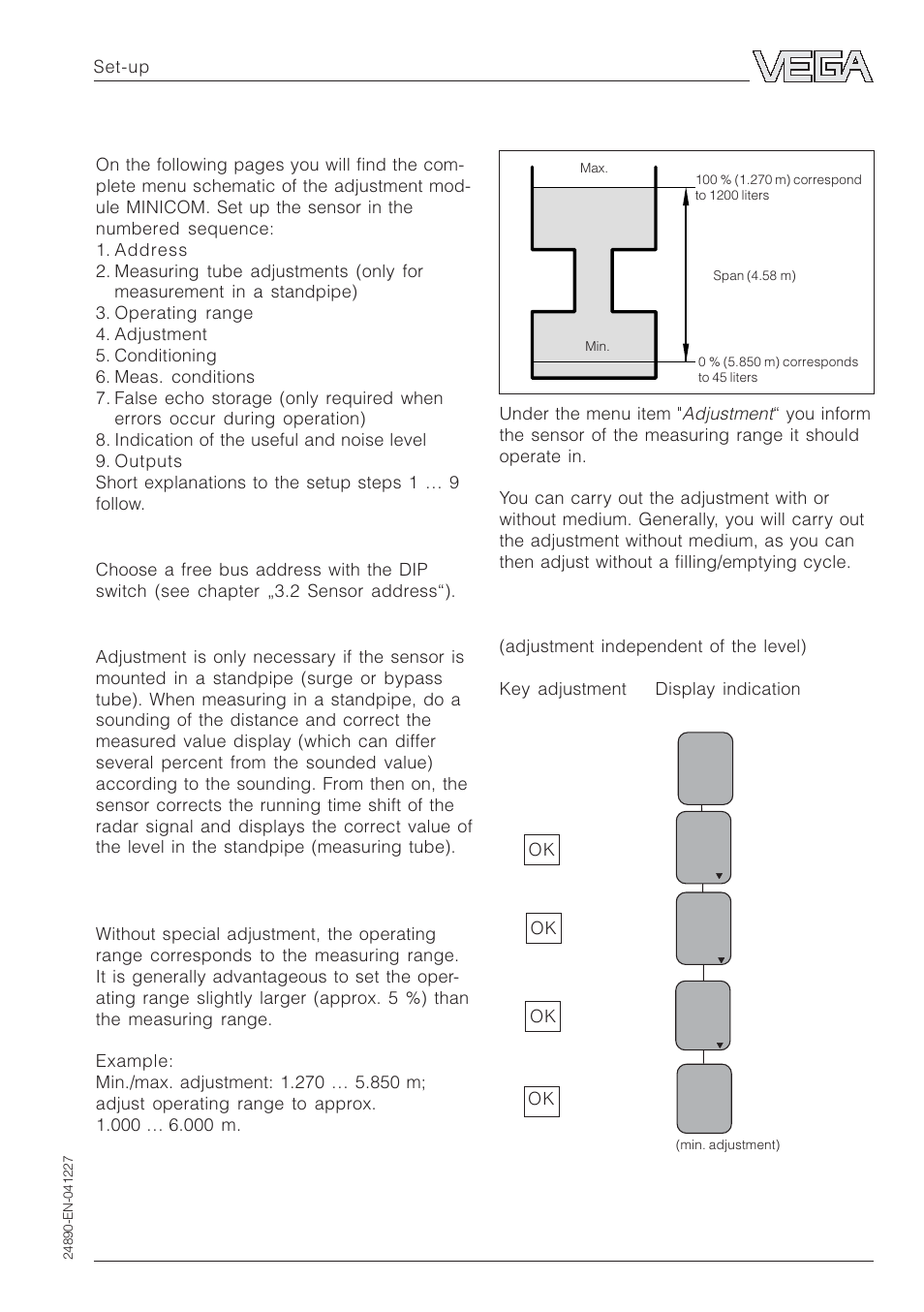 Adjustment, Adjustment steps, Address | Measurement in a standpipe, Operating range | VEGA VEGAPULS 51K…54K Profibus PA User Manual | Page 39 / 60