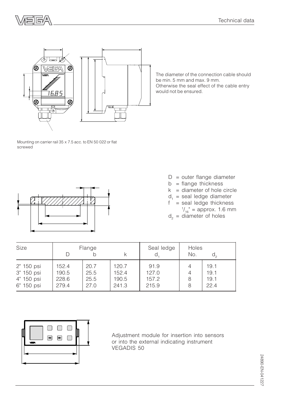 Adjustment module minicom, Flange dimensions acc. to ansi, External indicating instrument vegadis 50 | VEGA VEGAPULS 51K…54K Profibus PA User Manual | Page 56 / 60