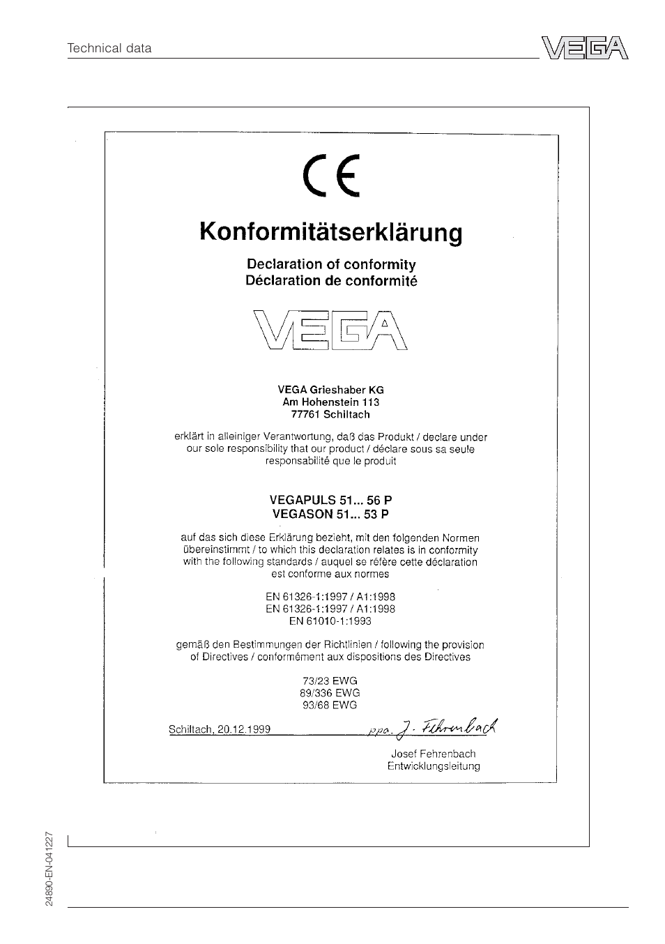 5 ce conformity declaration | VEGA VEGAPULS 51K…54K Profibus PA User Manual | Page 57 / 60