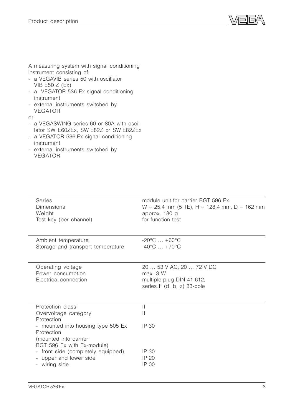 1 product description, 1 configuration, 2 technical data | VEGA VEGATOR 536 Ex User Manual | Page 3 / 16