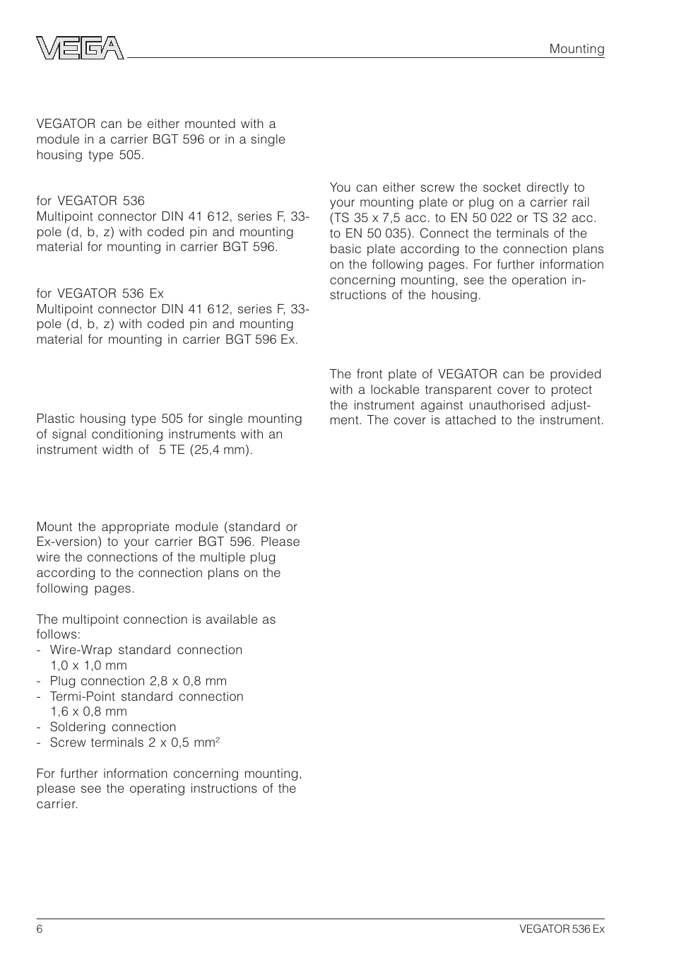 2 mounting | VEGA VEGATOR 536 Ex User Manual | Page 6 / 16