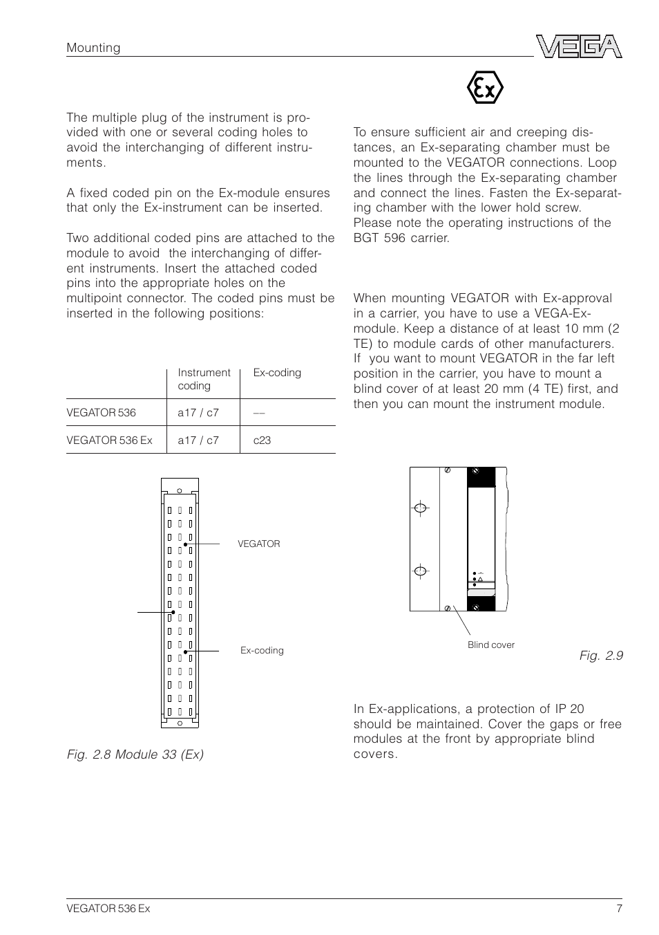 Ex-version, Coding, Mounting | Fig. 2.9, Fig. 2.8 module 33 (ex) | VEGA VEGATOR 536 Ex User Manual | Page 7 / 16