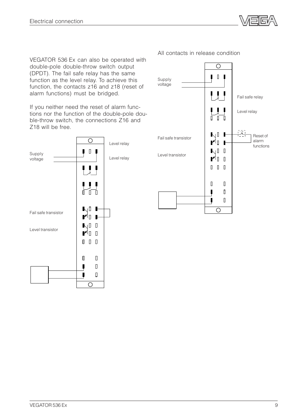 1 connection plan, Double-pole double-throw switch (dpdt), Electrical connection | All contacts in release condition | VEGA VEGATOR 536 Ex User Manual | Page 9 / 16