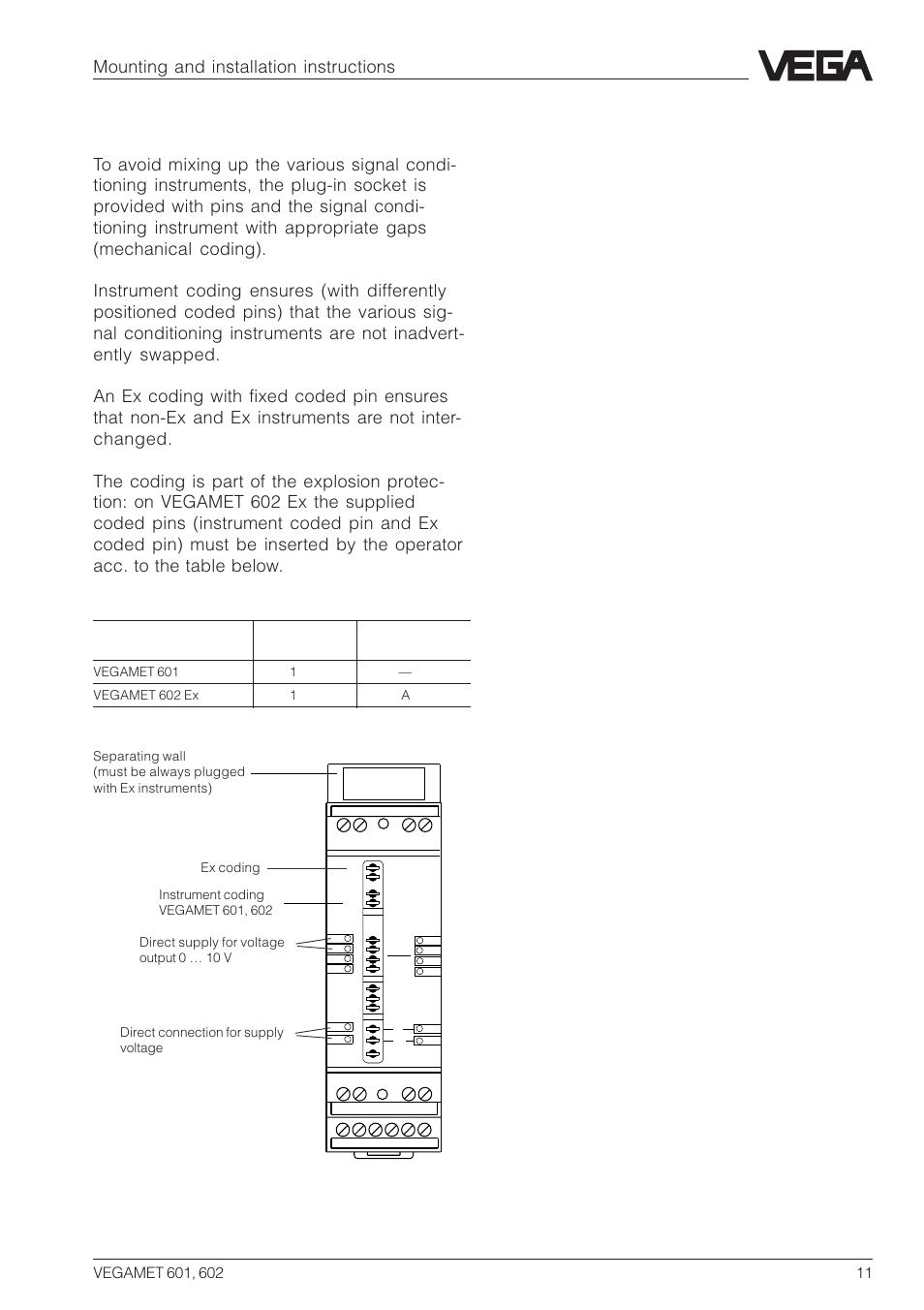 Coding, Mounting and installation instructions | VEGA VEGAMET 602 User Manual | Page 11 / 20