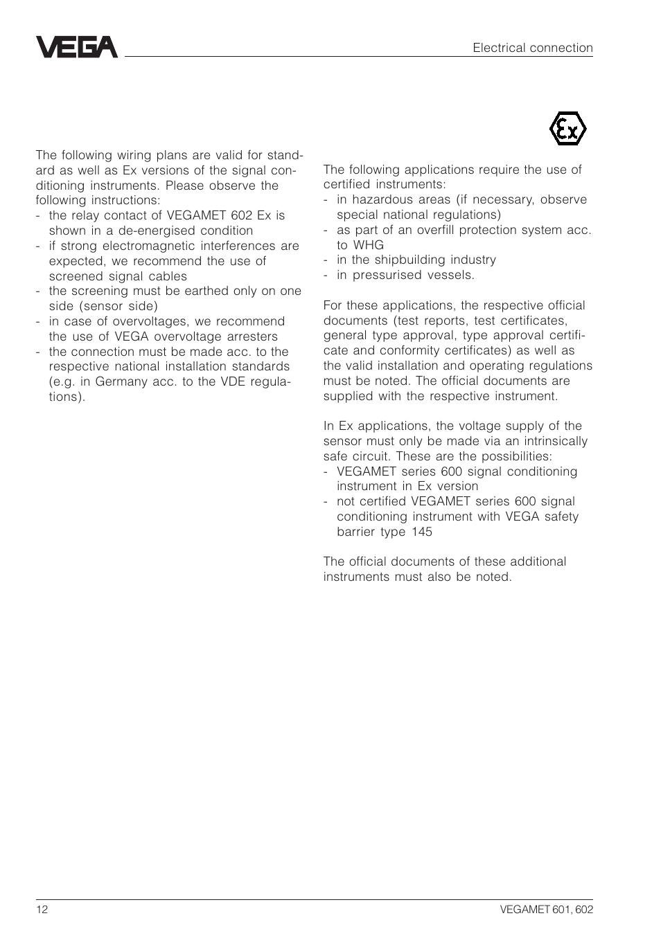 3 electrical connection, 1 connection instructions | VEGA VEGAMET 602 User Manual | Page 12 / 20