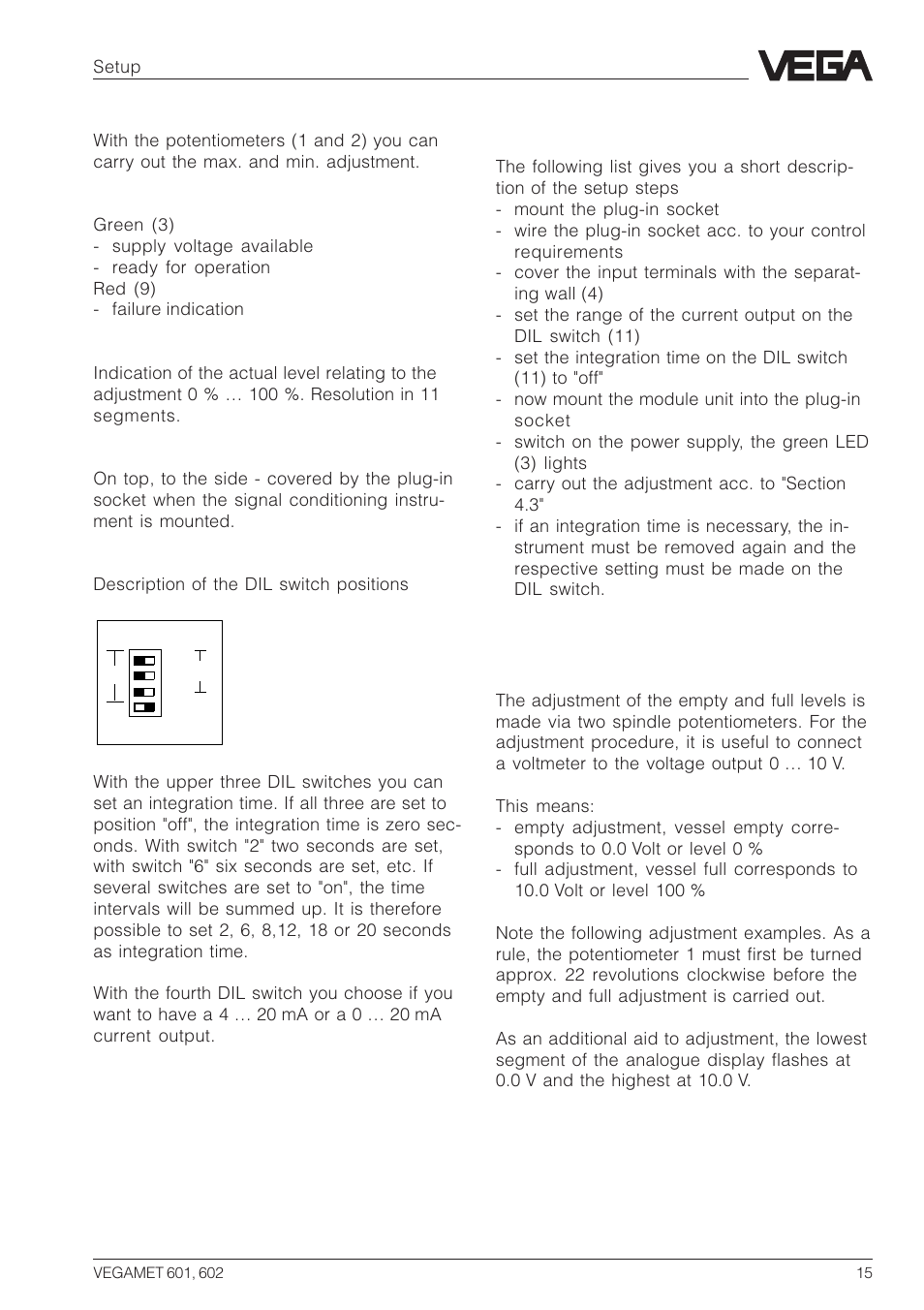 2 setup sequence, 3 adjustment | VEGA VEGAMET 602 User Manual | Page 15 / 20