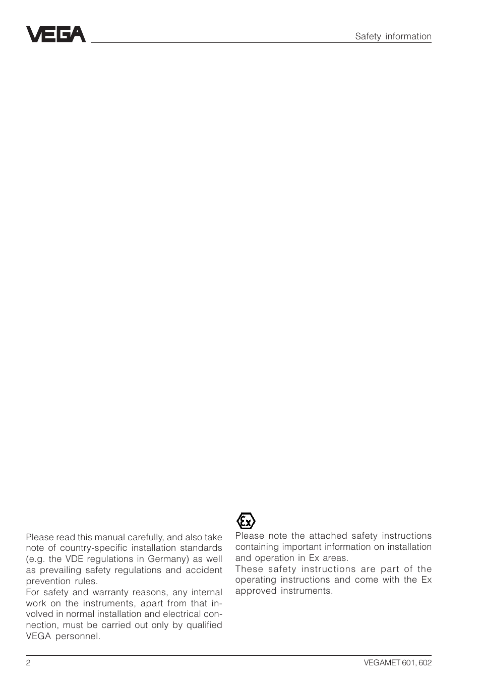 Safety information, Note ex area | VEGA VEGAMET 602 User Manual | Page 2 / 20