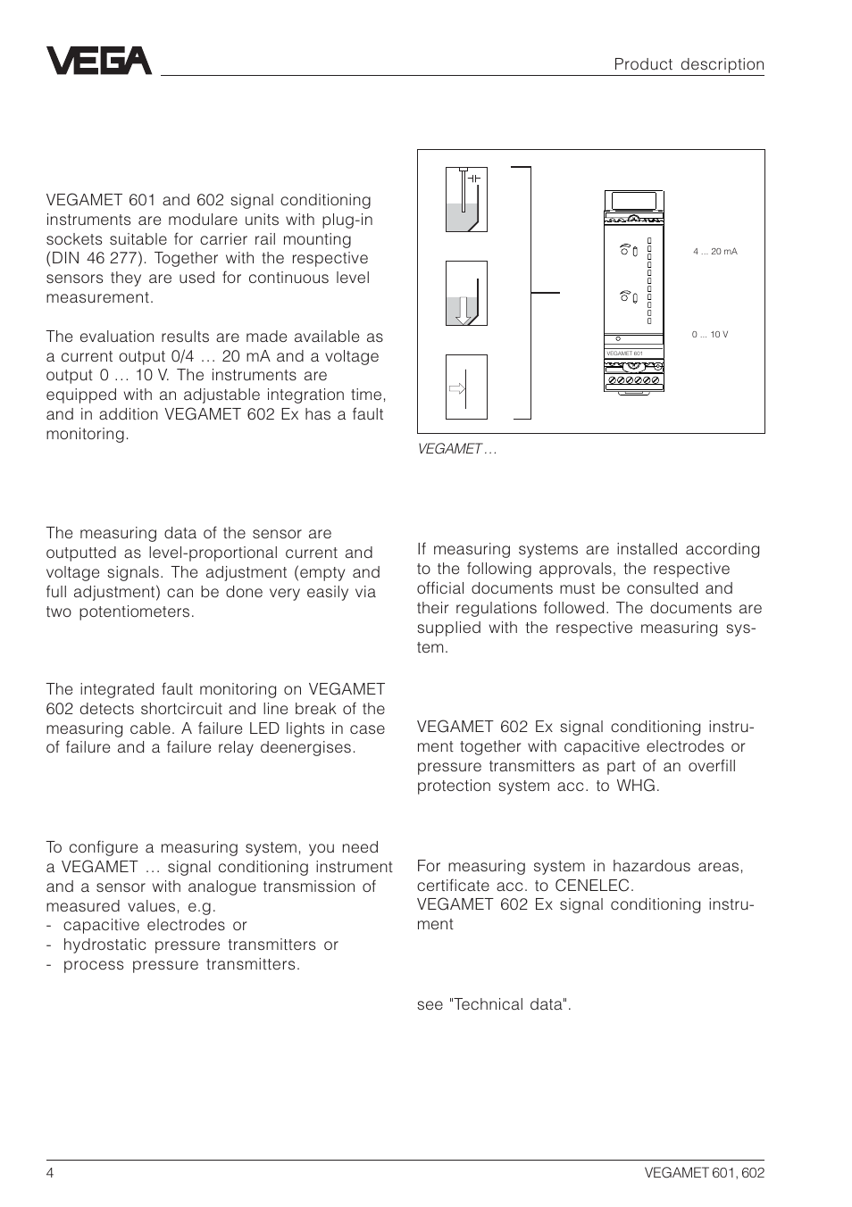 1 product description, 1 function and configuration, 2 approvals | Function, Configuration, Whg approval, Ex approval, Ce approval, Product description, See "technical data | VEGA VEGAMET 602 User Manual | Page 4 / 20