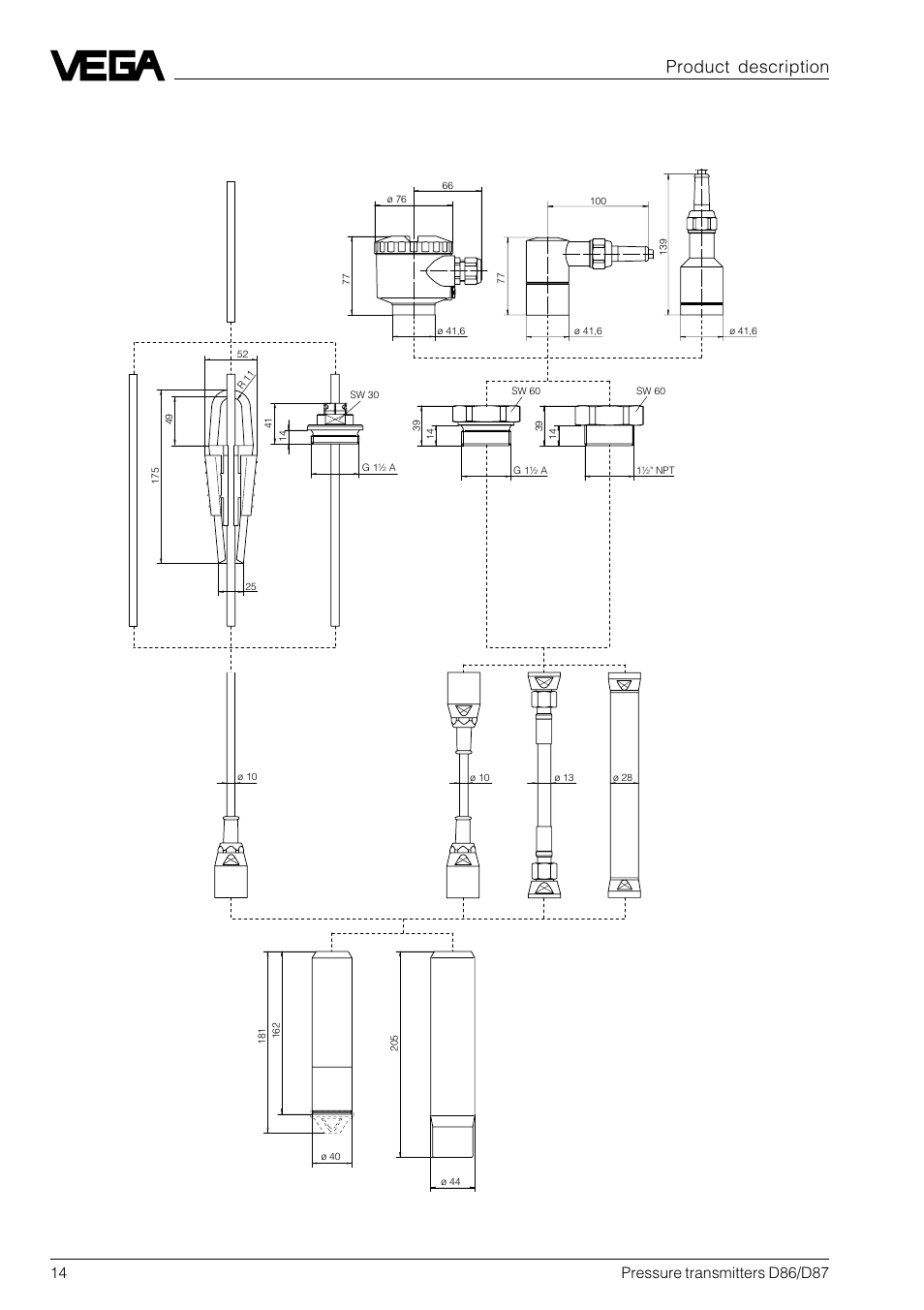 7 dimensions, Product description | VEGA D86_D87 Hydrostatic pressure transmitters User Manual | Page 14 / 40