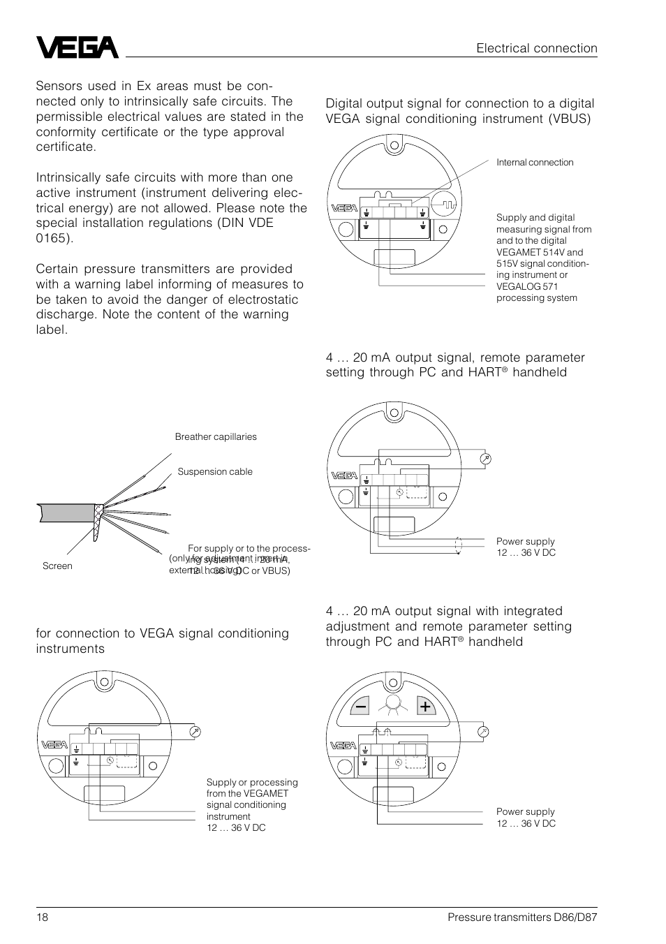 2 terminal assignment, 20ma, Electronics version k | Electronics version i, Electronics version a, Electronics version b, Handheld, Direct cable outlet | VEGA D86_D87 Hydrostatic pressure transmitters User Manual | Page 18 / 40