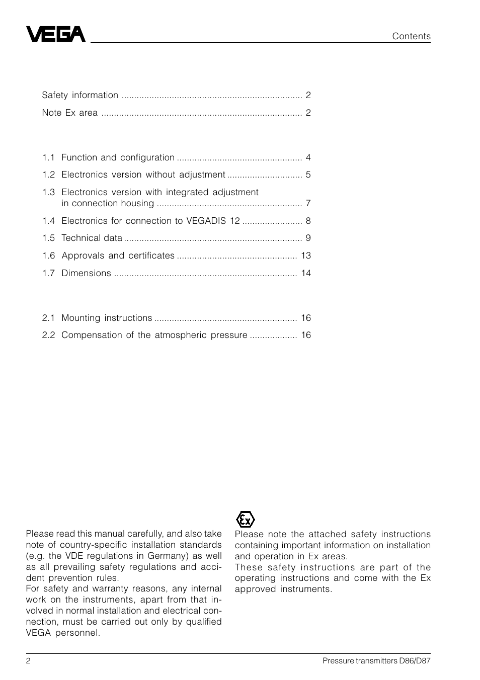 VEGA D86_D87 Hydrostatic pressure transmitters User Manual | Page 2 / 40