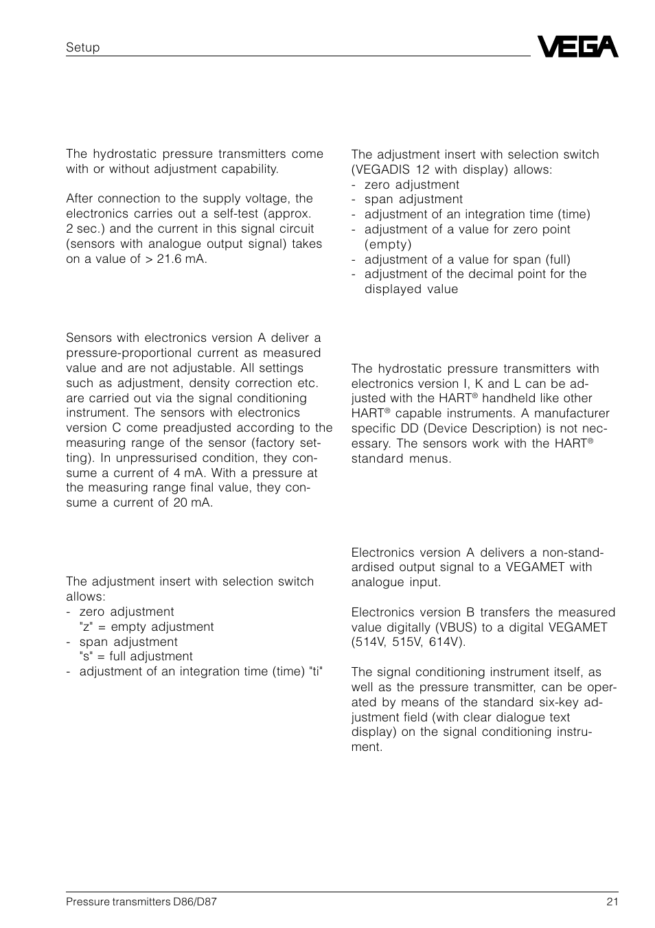 4 setup, 1 adjustment structure | VEGA D86_D87 Hydrostatic pressure transmitters User Manual | Page 21 / 40