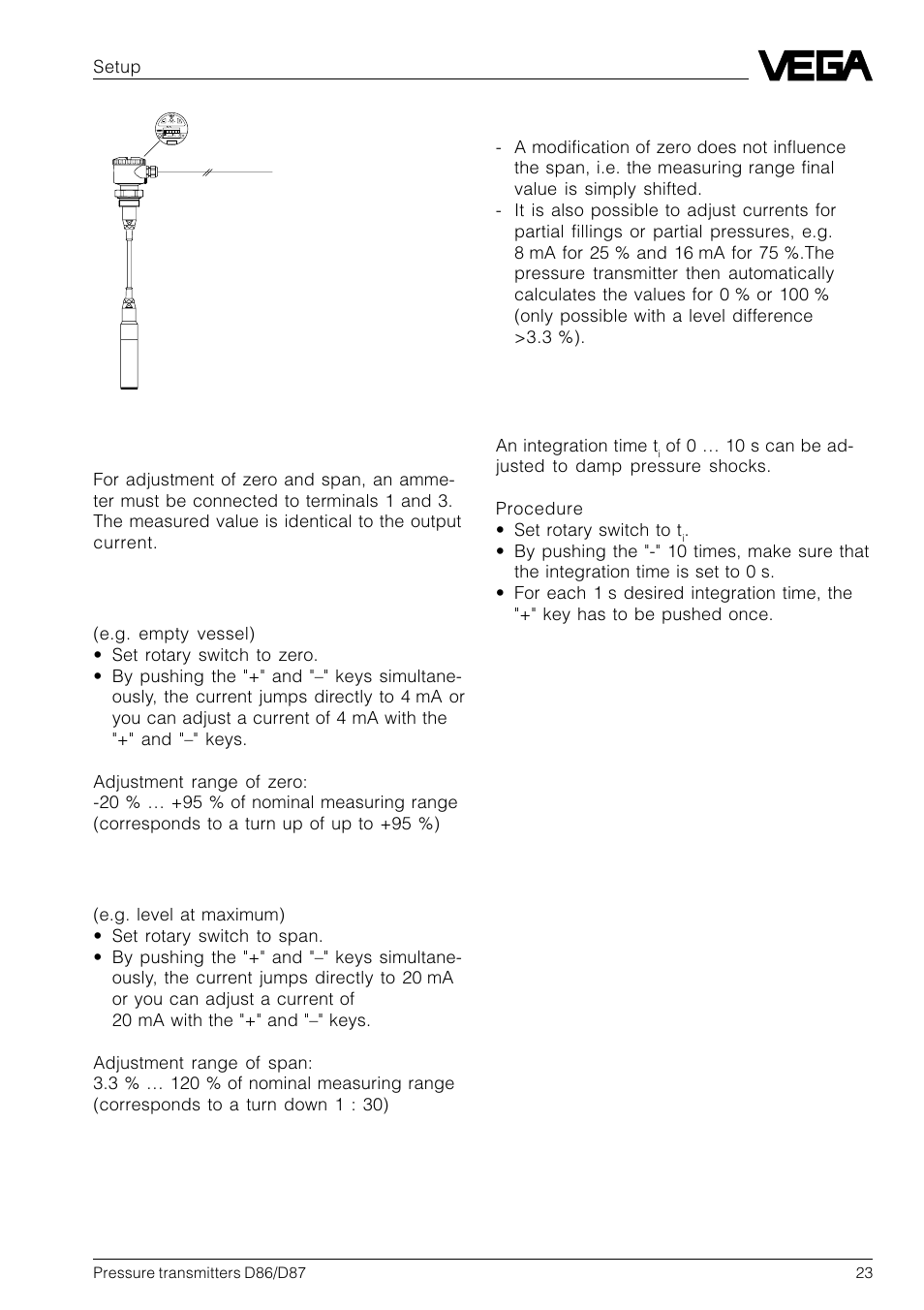 Adjustment, Integration time | VEGA D86_D87 Hydrostatic pressure transmitters User Manual | Page 23 / 40