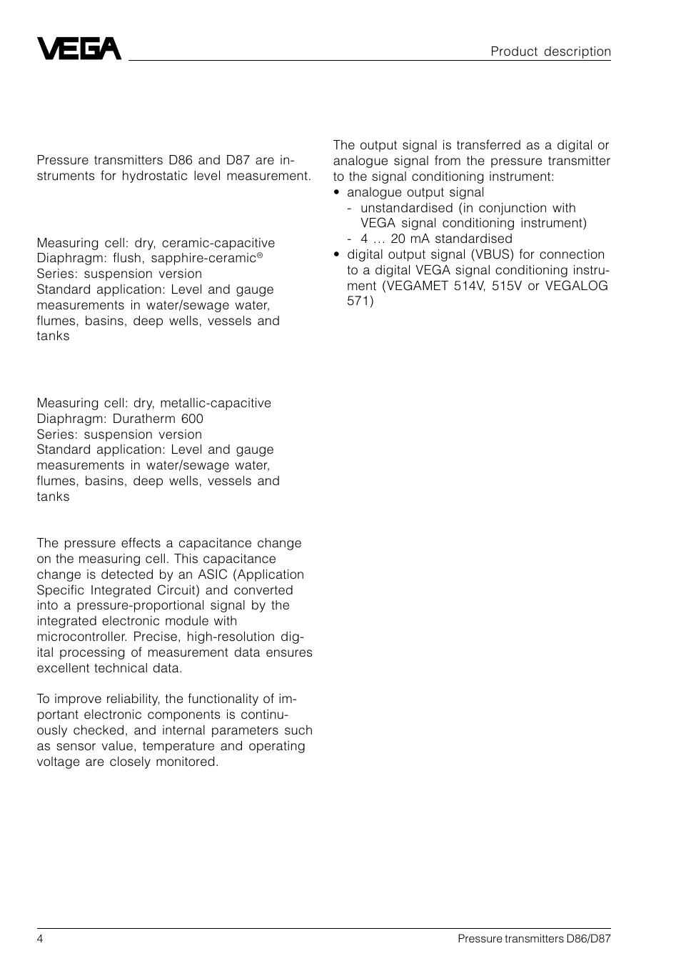 1 product description, 1 function and configuration | VEGA D86_D87 Hydrostatic pressure transmitters User Manual | Page 4 / 40
