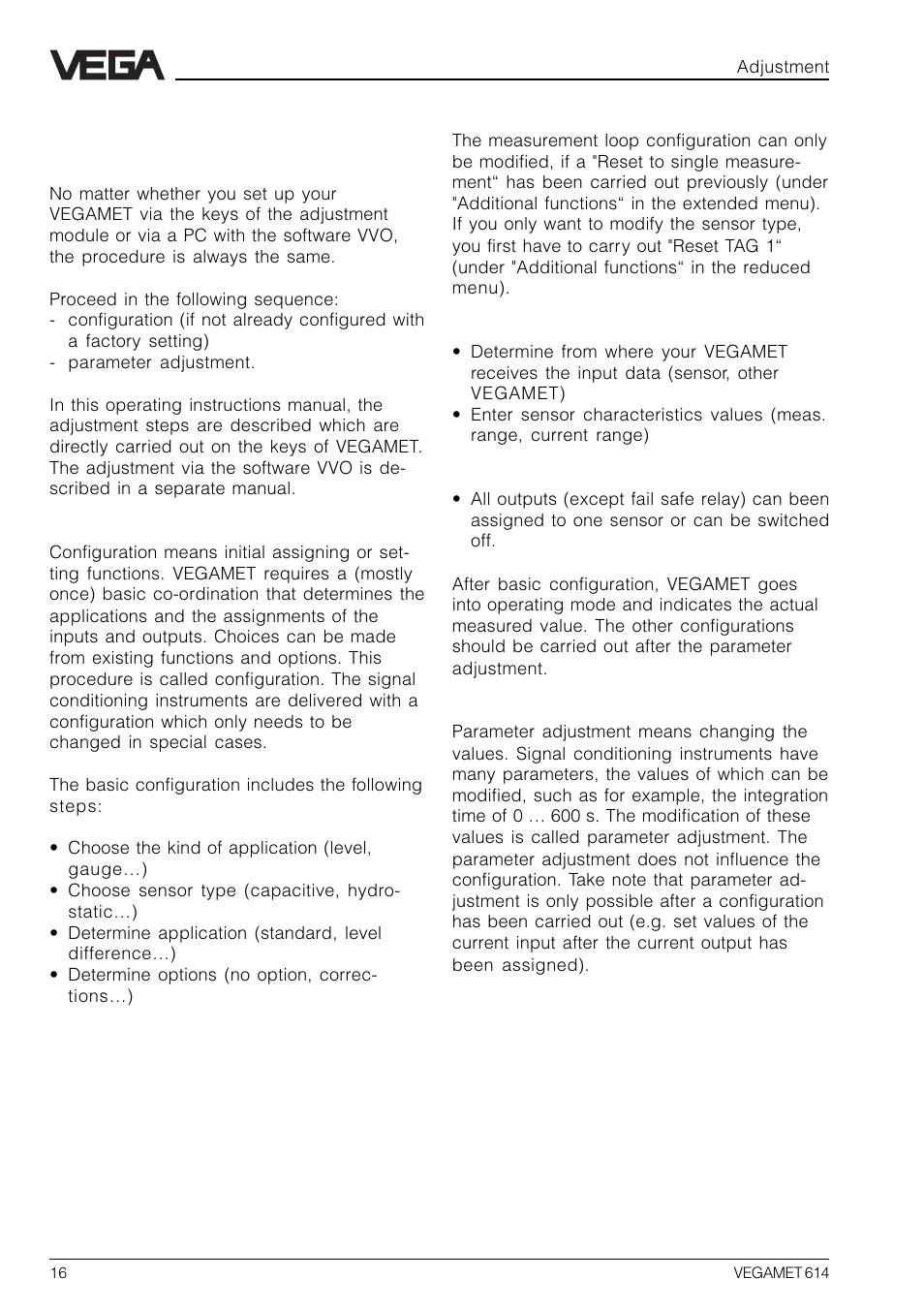 4 configuration and parameter adjustment | VEGA VEGAMET 614 User Manual | Page 16 / 56