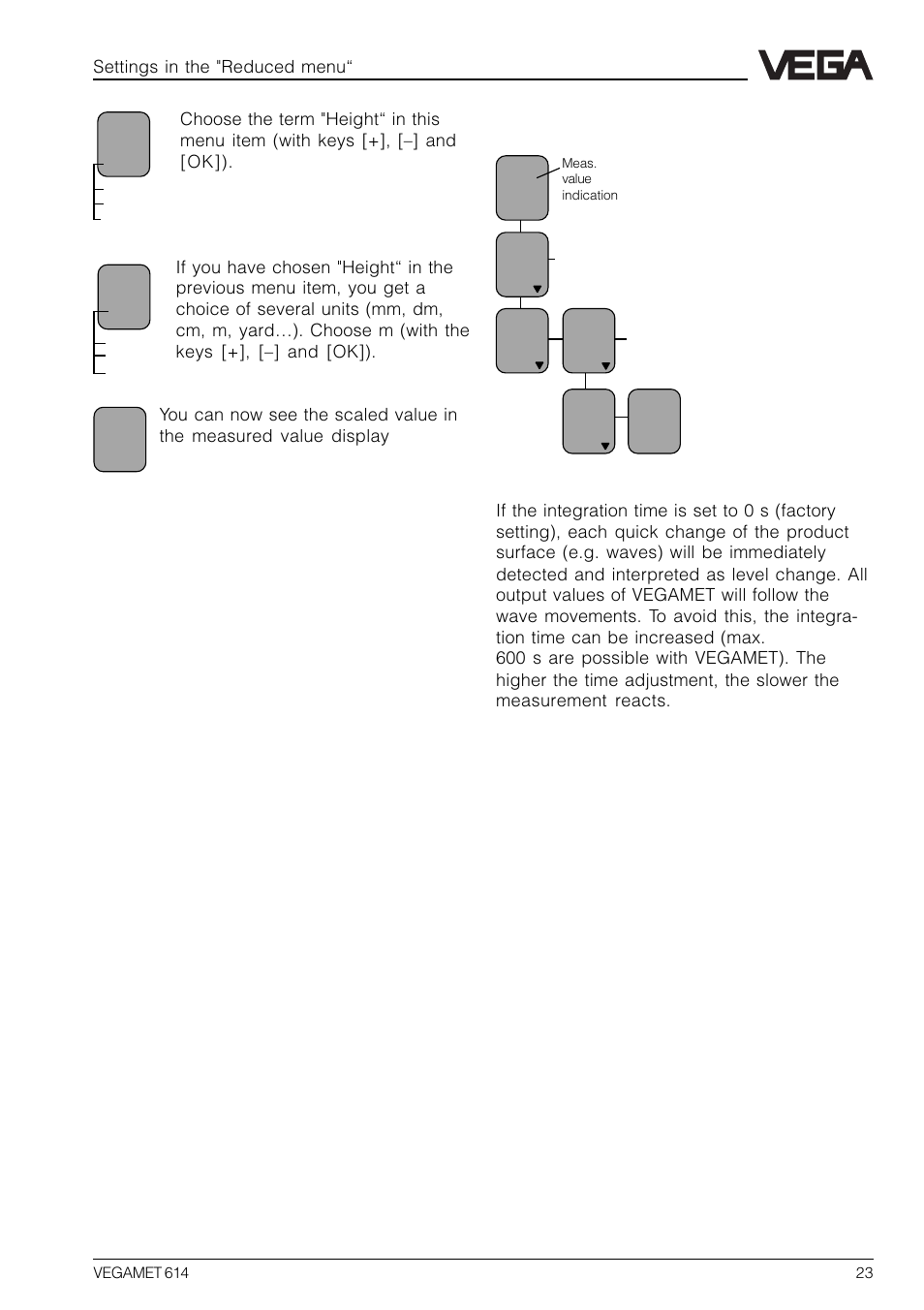 5 integration time, Settings in the "reduced menu | VEGA VEGAMET 614 User Manual | Page 23 / 56