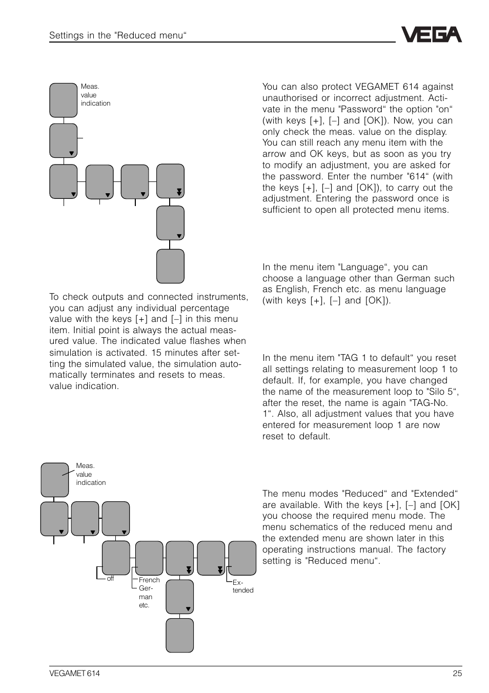 8 password, language, default, reset, menu mode, 7 simulation, Password | Language, Reset, Menu mode | VEGA VEGAMET 614 User Manual | Page 25 / 56