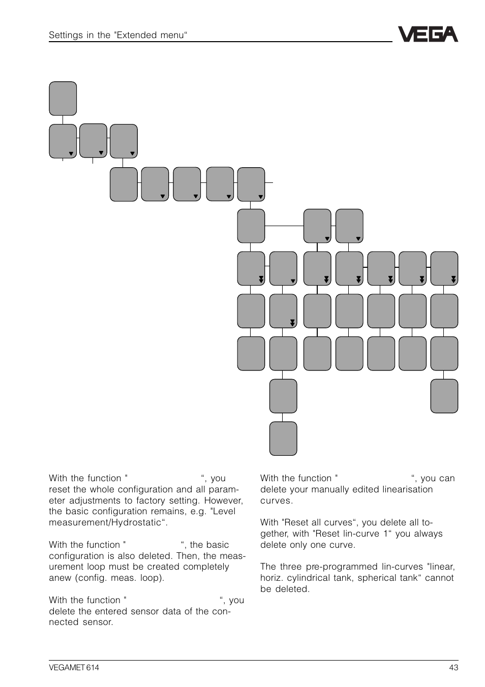13 reset vegamet, Settings in the "extended menu | VEGA VEGAMET 614 User Manual | Page 43 / 56