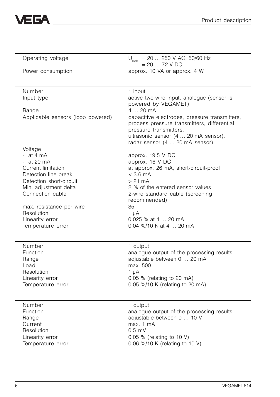 4 technical data | VEGA VEGAMET 614 User Manual | Page 6 / 56