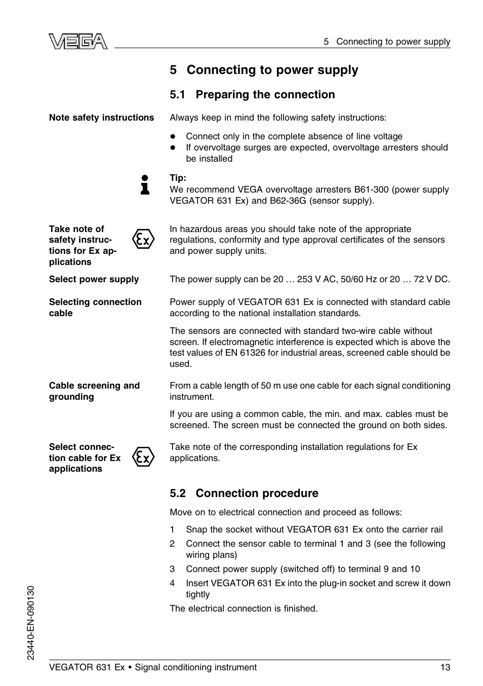 5 connecting to power supply, 1 preparing the connection, 2 connection procedure | 5connecting to power supply | VEGA VEGATOR 631 Ex User Manual | Page 13 / 32