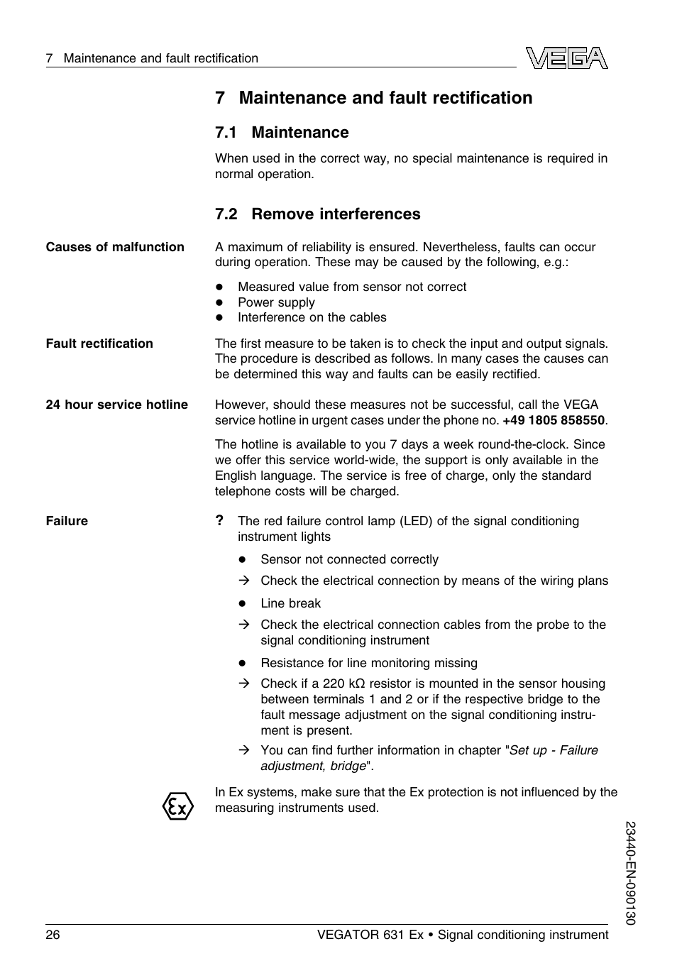 7 maintenance and fault rectification, 1 maintenance, 2 remove interferences | 7maintenance and fault rectiﬁcation | VEGA VEGATOR 631 Ex User Manual | Page 26 / 32