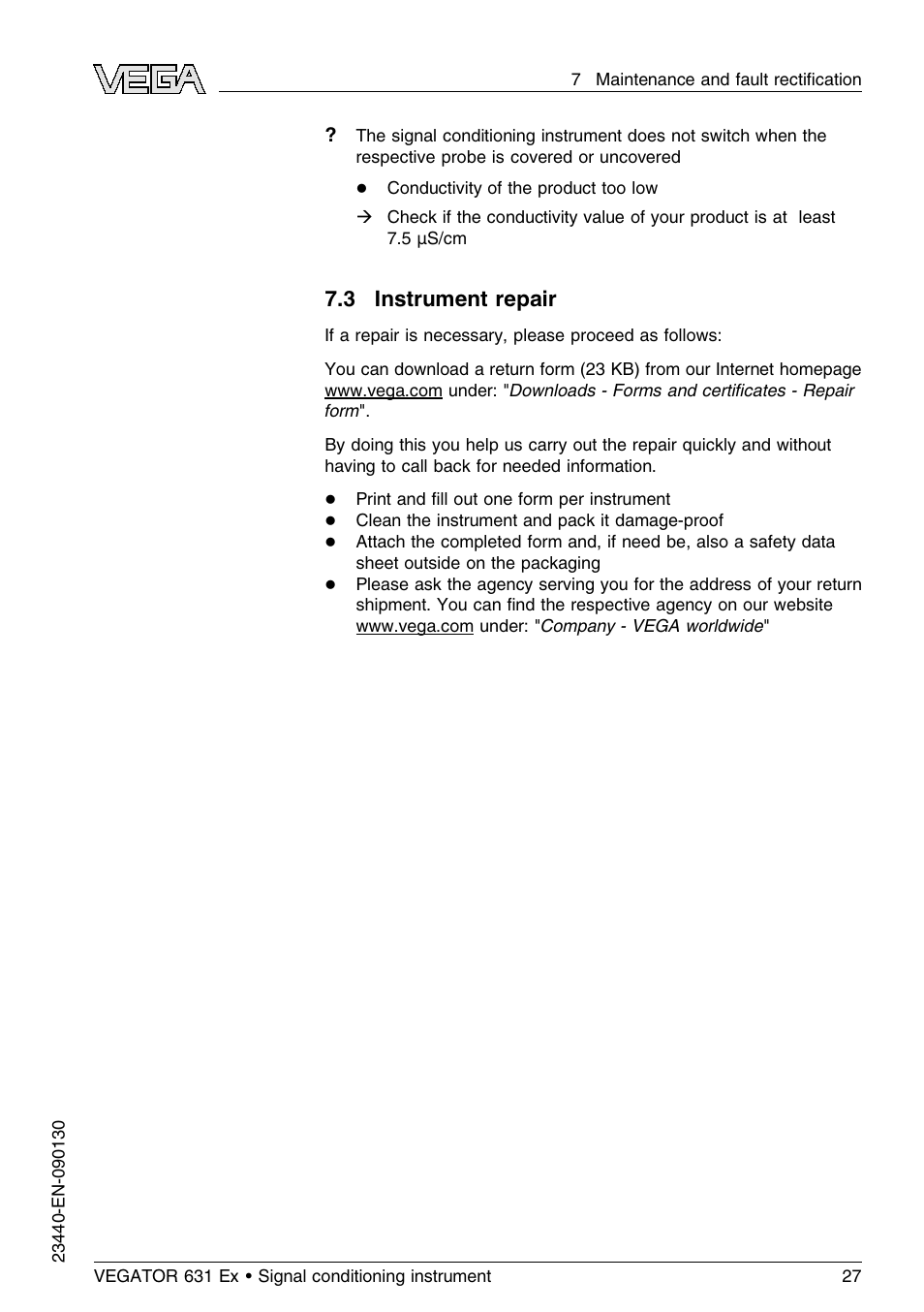 3 instrument repair | VEGA VEGATOR 631 Ex User Manual | Page 27 / 32