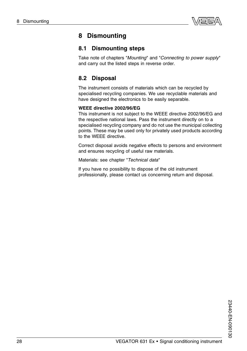 8 dismounting, 1 dismounting steps, 2 disposal | 8dismounting | VEGA VEGATOR 631 Ex User Manual | Page 28 / 32