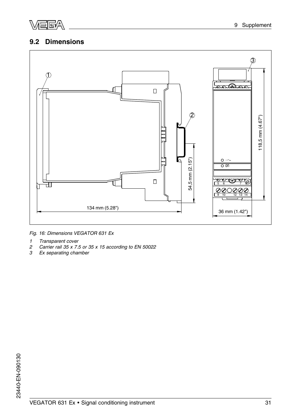 2 dimensions | VEGA VEGATOR 631 Ex User Manual | Page 31 / 32