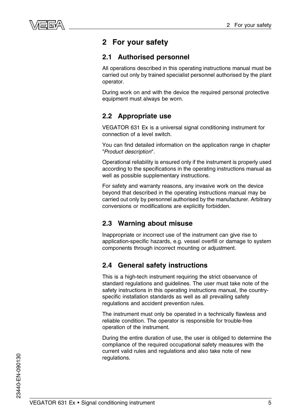 2 for your safety, 1 authorised personnel, 2 appropriate use | 3 warning about misuse, 4 general safety instructions, 2for your safety | VEGA VEGATOR 631 Ex User Manual | Page 5 / 32