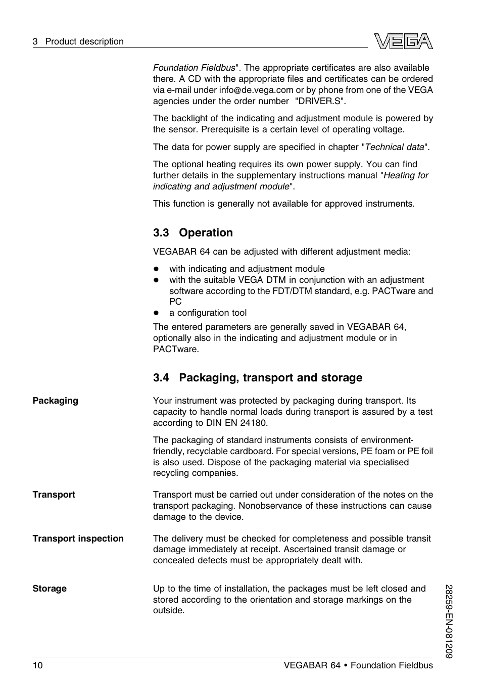 3 operation, 4 packaging, transport and storage | VEGA VEGABAR 64 Foundation Fieldbus User Manual | Page 10 / 80