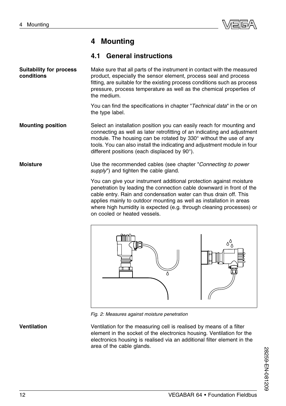 4 mounting, 1 general instructions | VEGA VEGABAR 64 Foundation Fieldbus User Manual | Page 12 / 80