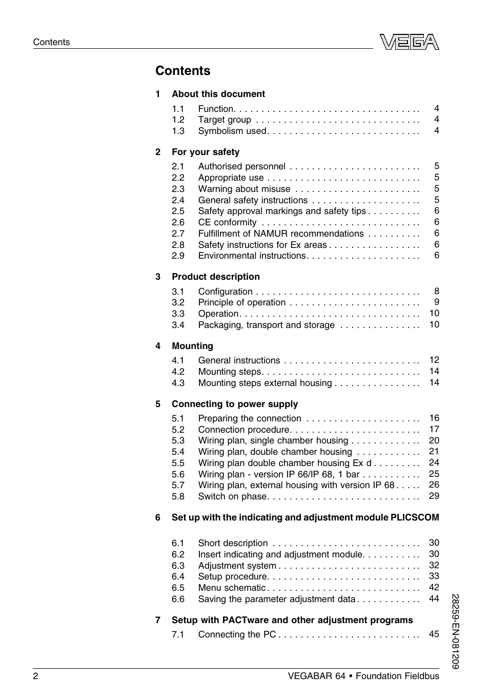VEGA VEGABAR 64 Foundation Fieldbus User Manual | Page 2 / 80