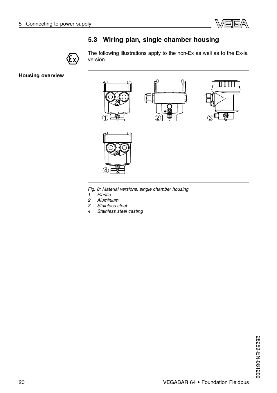 3 wiring plan, single chamber housing | VEGA VEGABAR 64 Foundation Fieldbus User Manual | Page 20 / 80