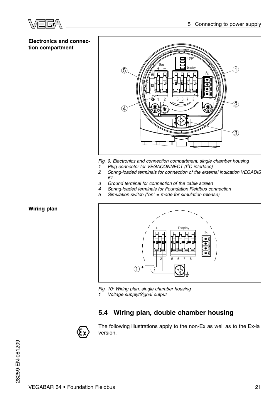4 wiring plan, double chamber housing | VEGA VEGABAR 64 Foundation Fieldbus User Manual | Page 21 / 80