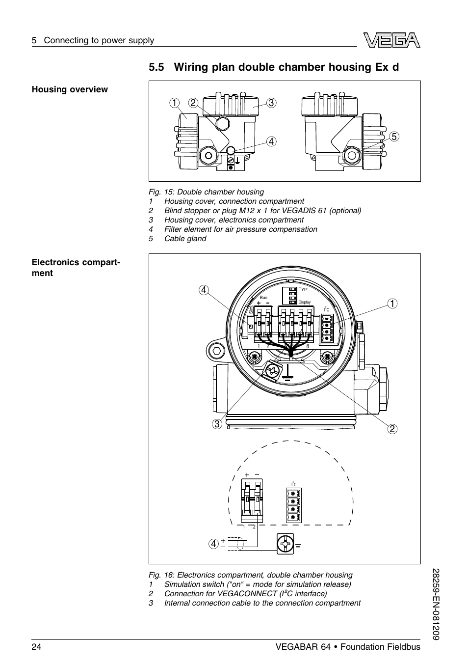 5 wiring plan double chamber housing ex d, 5 wiring plan double chamber housing ex d | VEGA VEGABAR 64 Foundation Fieldbus User Manual | Page 24 / 80