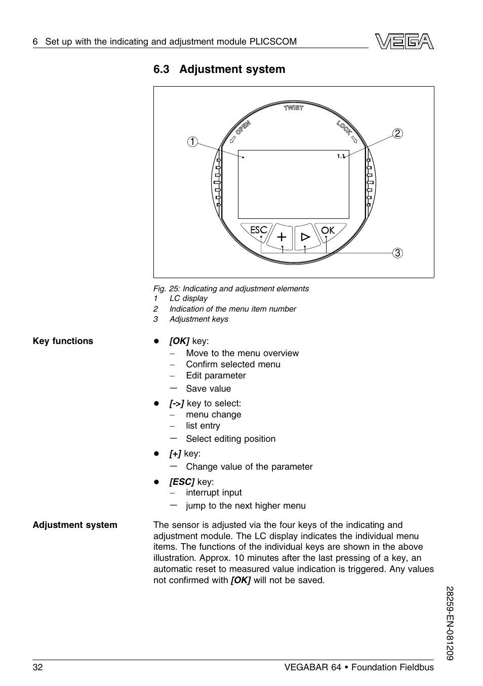 3 adjustment system | VEGA VEGABAR 64 Foundation Fieldbus User Manual | Page 32 / 80