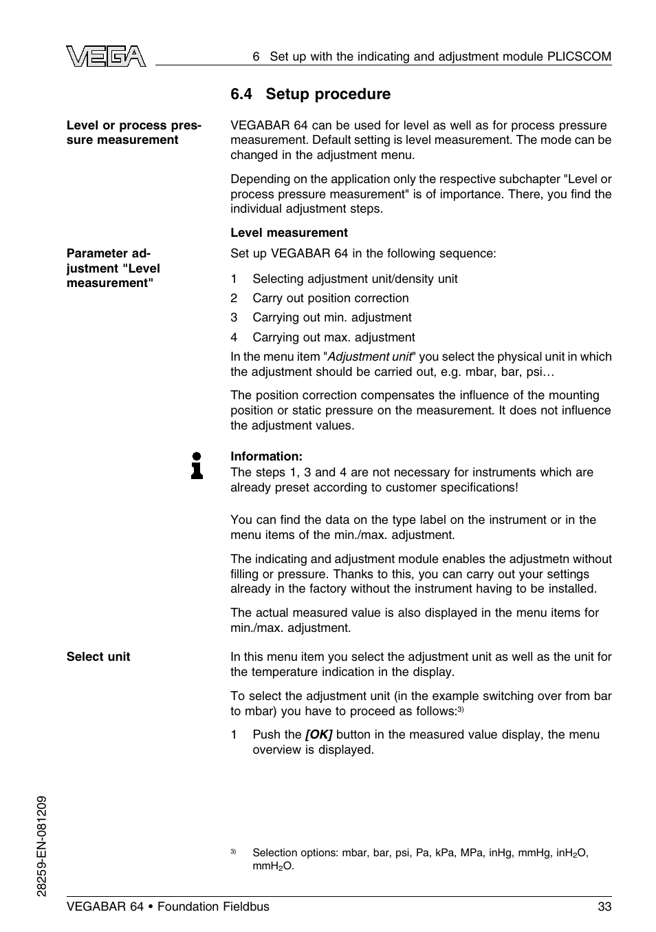 4 setup procedure | VEGA VEGABAR 64 Foundation Fieldbus User Manual | Page 33 / 80