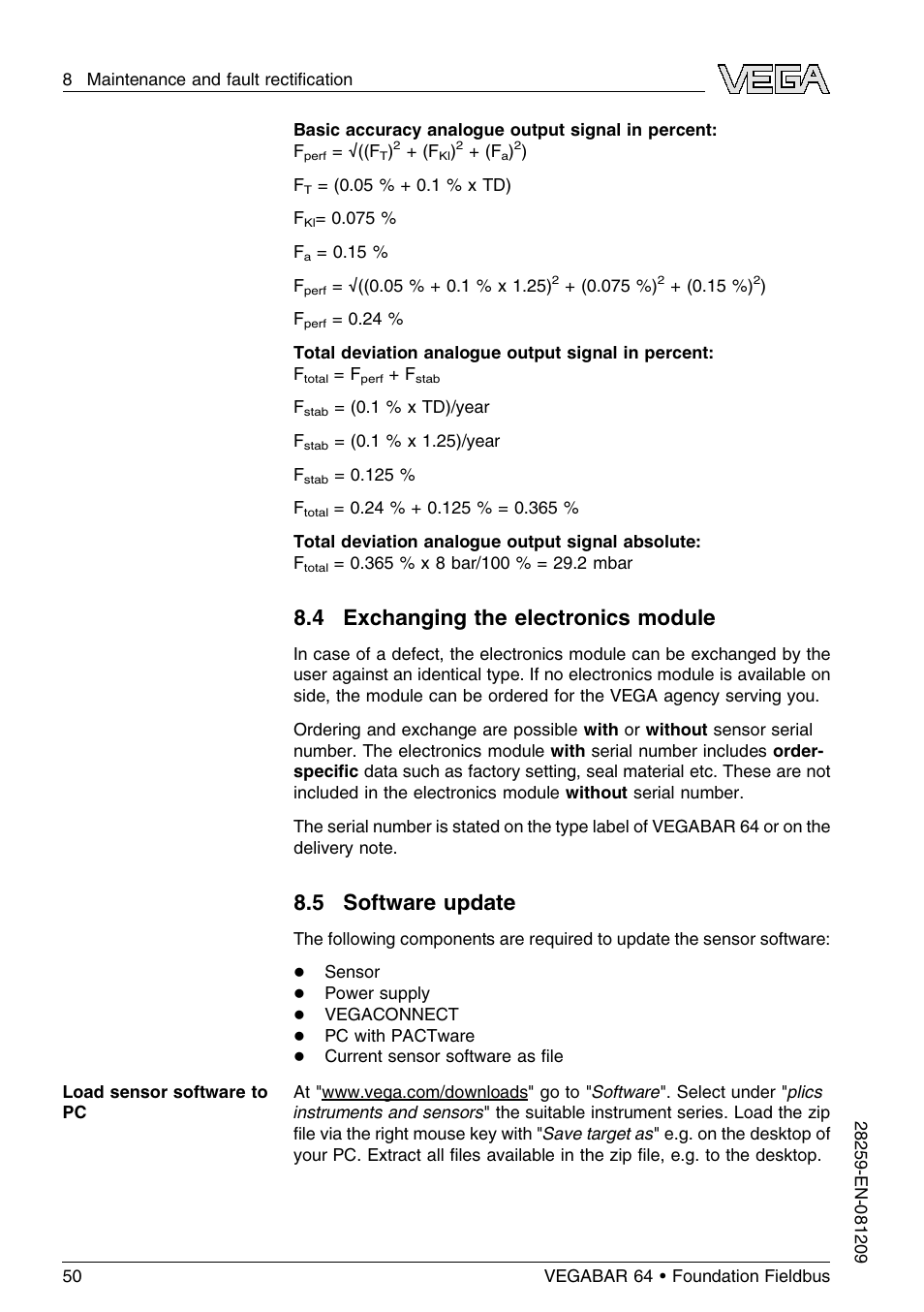 4 exchanging the electronics module, 5 software update | VEGA VEGABAR 64 Foundation Fieldbus User Manual | Page 50 / 80
